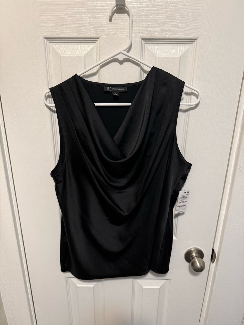 Size M INC Black Satin Cowl Neck Sleeveless Blouse NWT